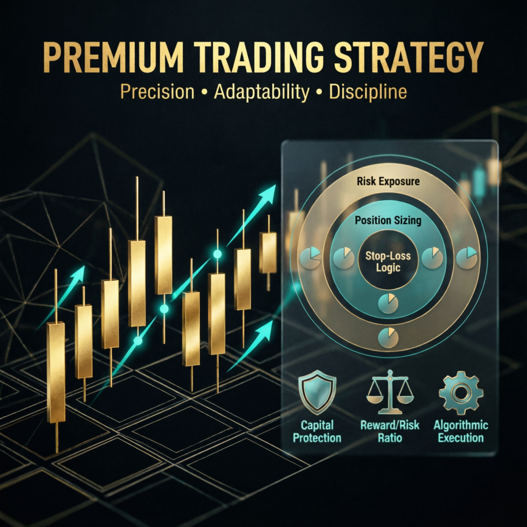 Premium trading strategy visualization with risk management and position sizing concepts