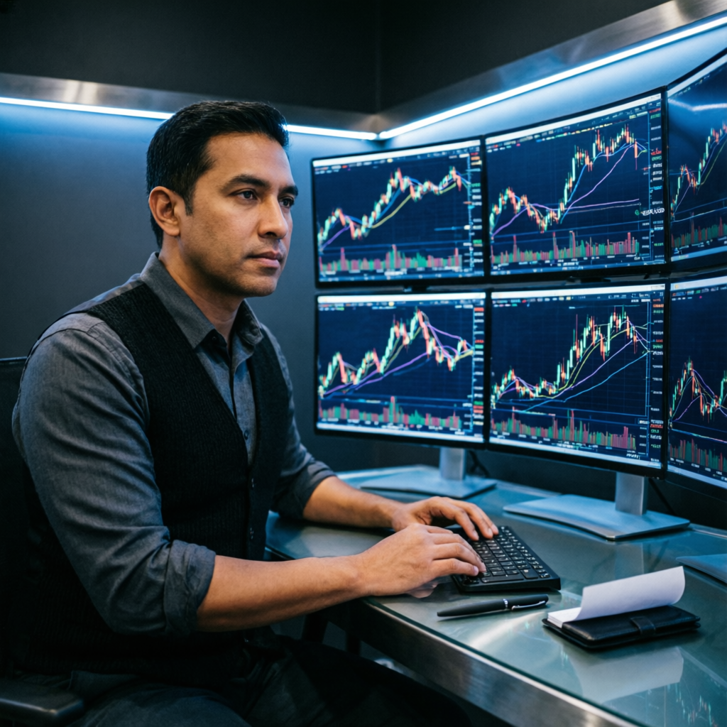 Professional trader executing Topstep Trading Combine strategies on multi-monitor setup