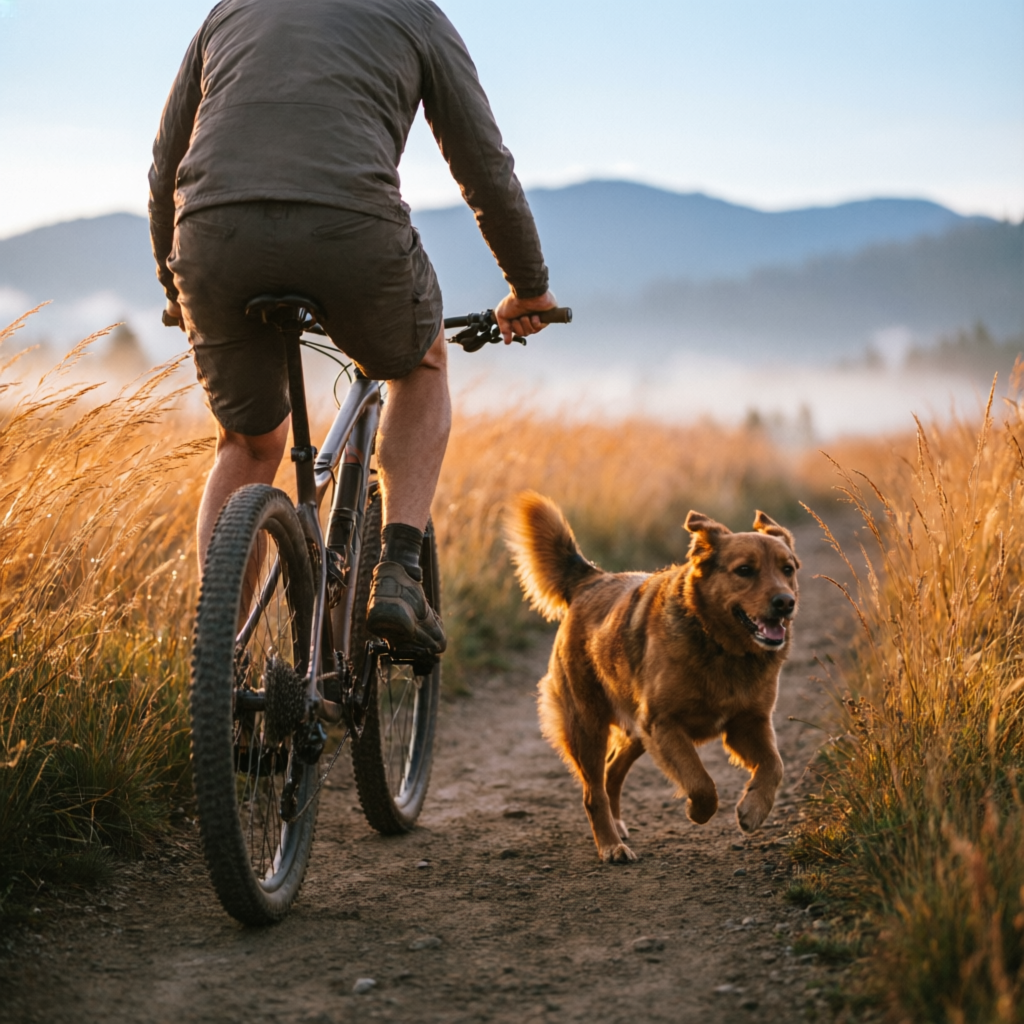 Cyclist on a trail with a dog