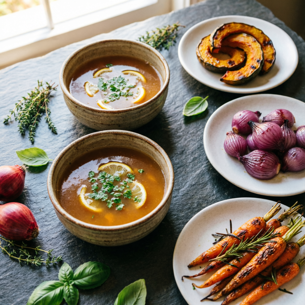 Soup bowls and roasted vegetables on a table