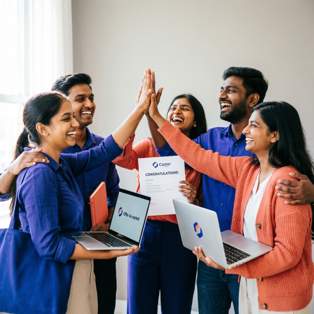 Young Indian professionals celebrating a job offer found on Alexa Hire