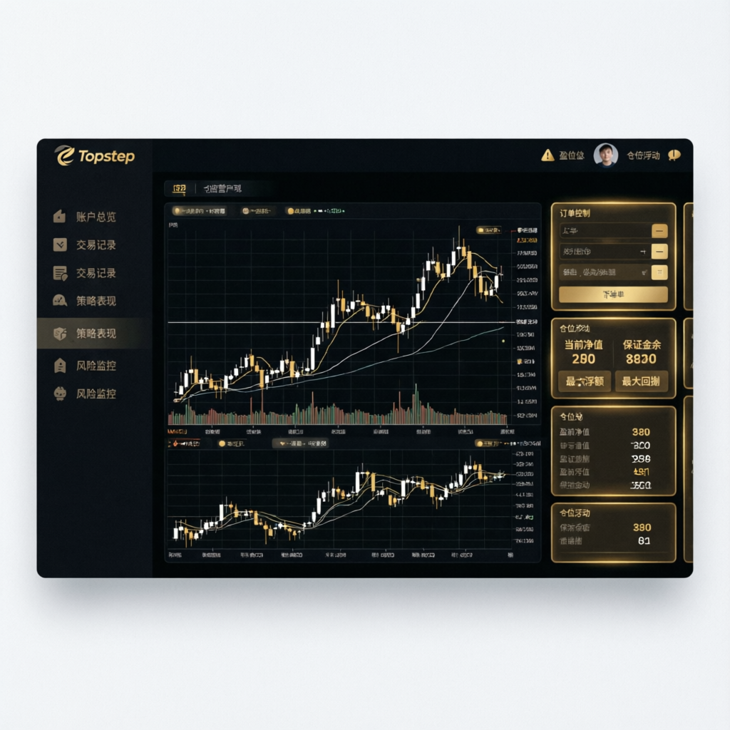 Topstep trading dashboard interface showing futures charts and account metrics