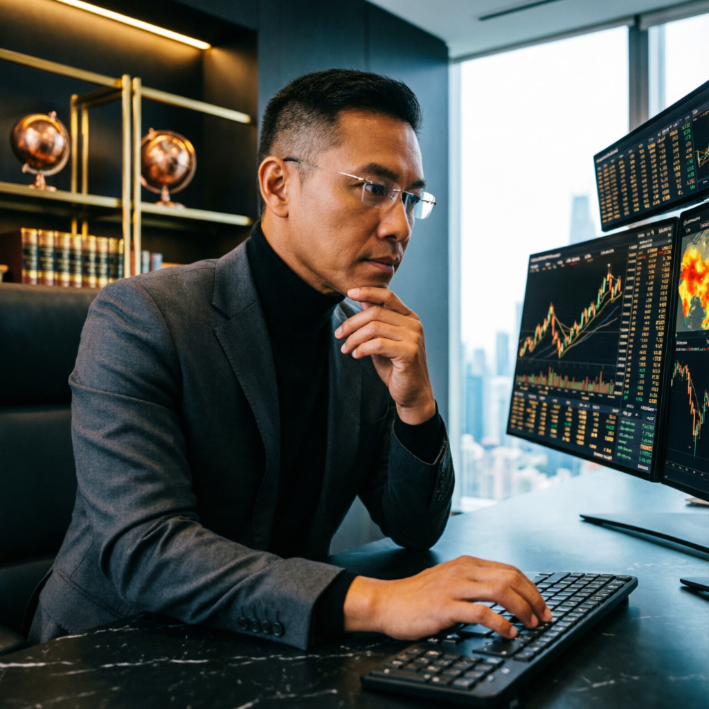 Professional trader analyzing financial markets in luxury office