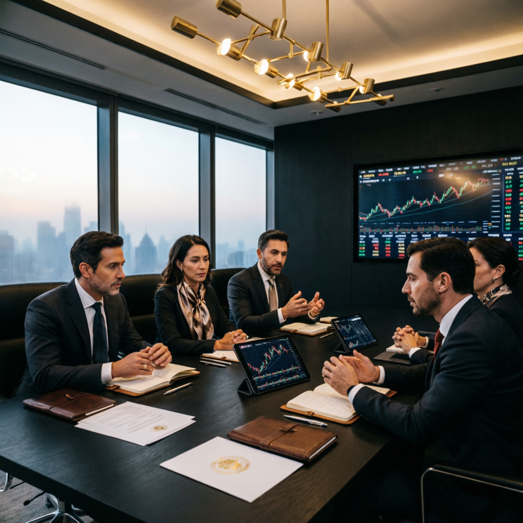 Professional trading team meeting in luxury boardroom