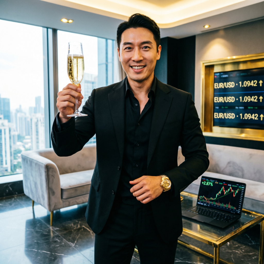 Successful trader celebrating profits in luxury office
