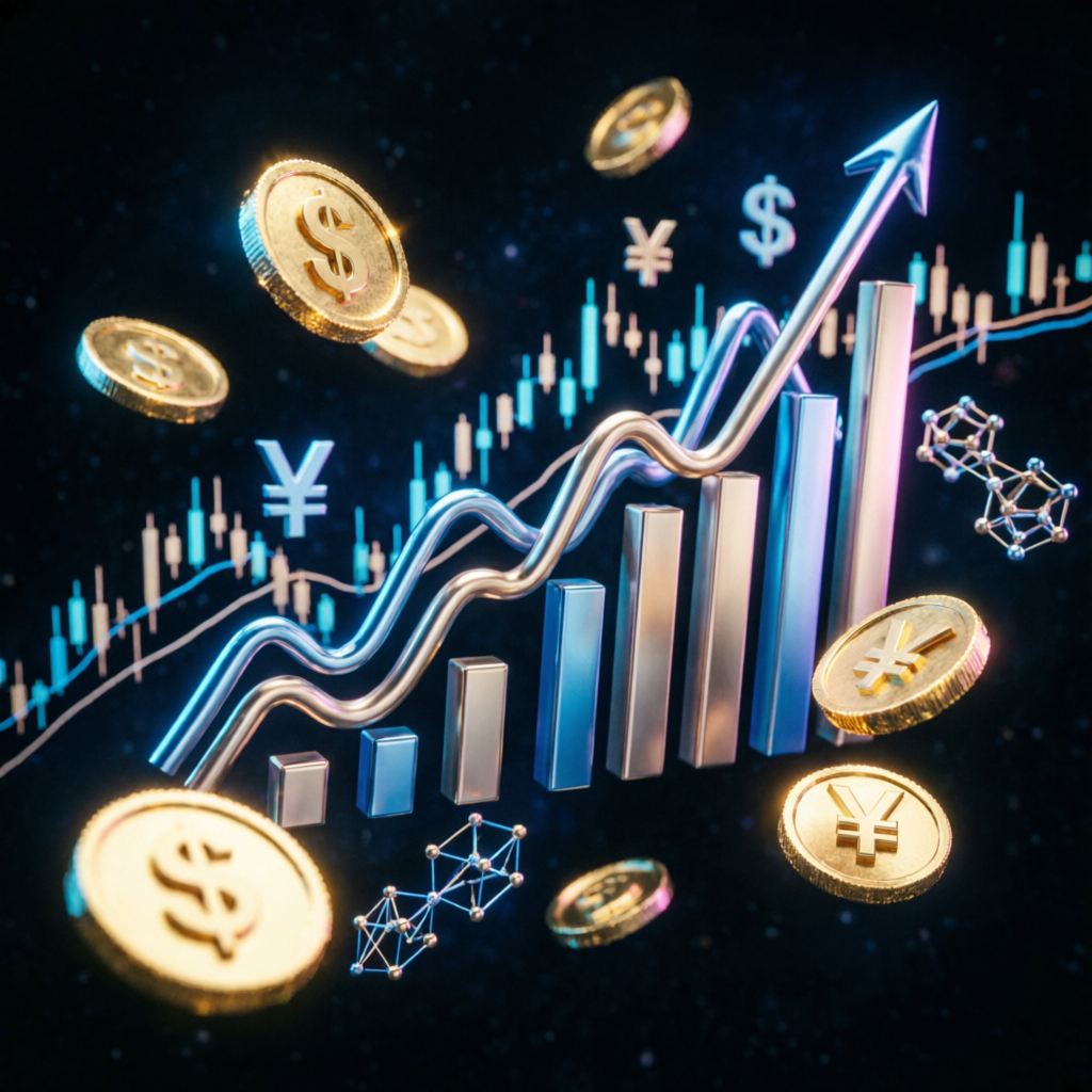 Financial growth visualization with trading charts and coins