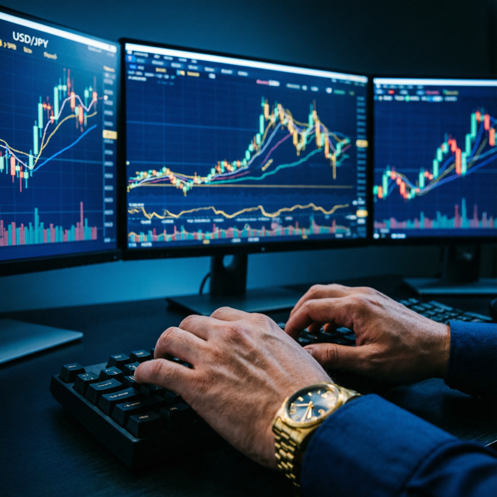 Professional trader analyzing forex charts on multiple monitors