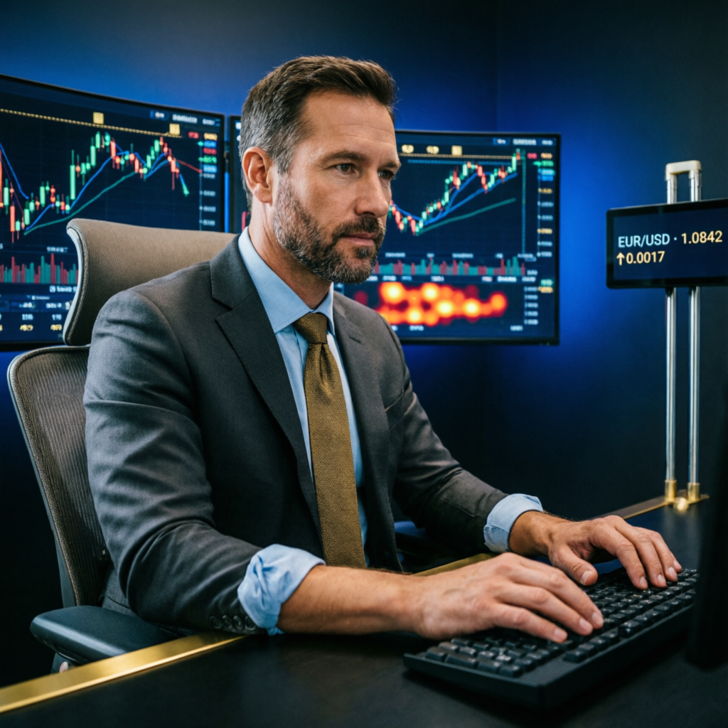 Professional forex trader managing prop firm accounts