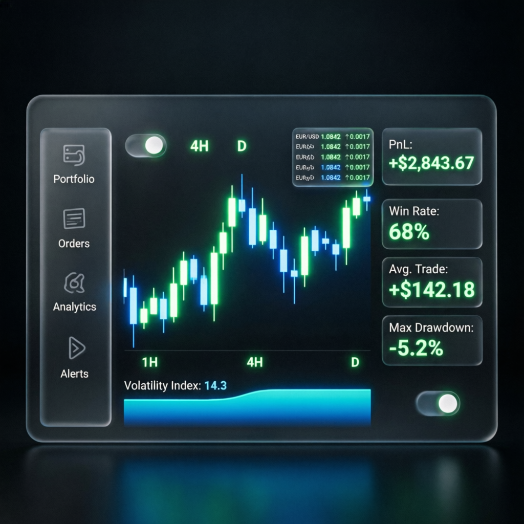Trading dashboard showing prop firm passing service results with profit indicators
