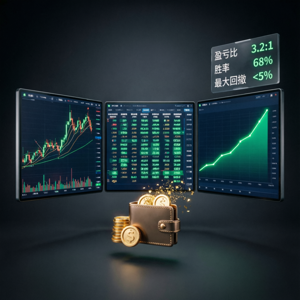 Multiple trading screens showing successful funded account management with profit growth