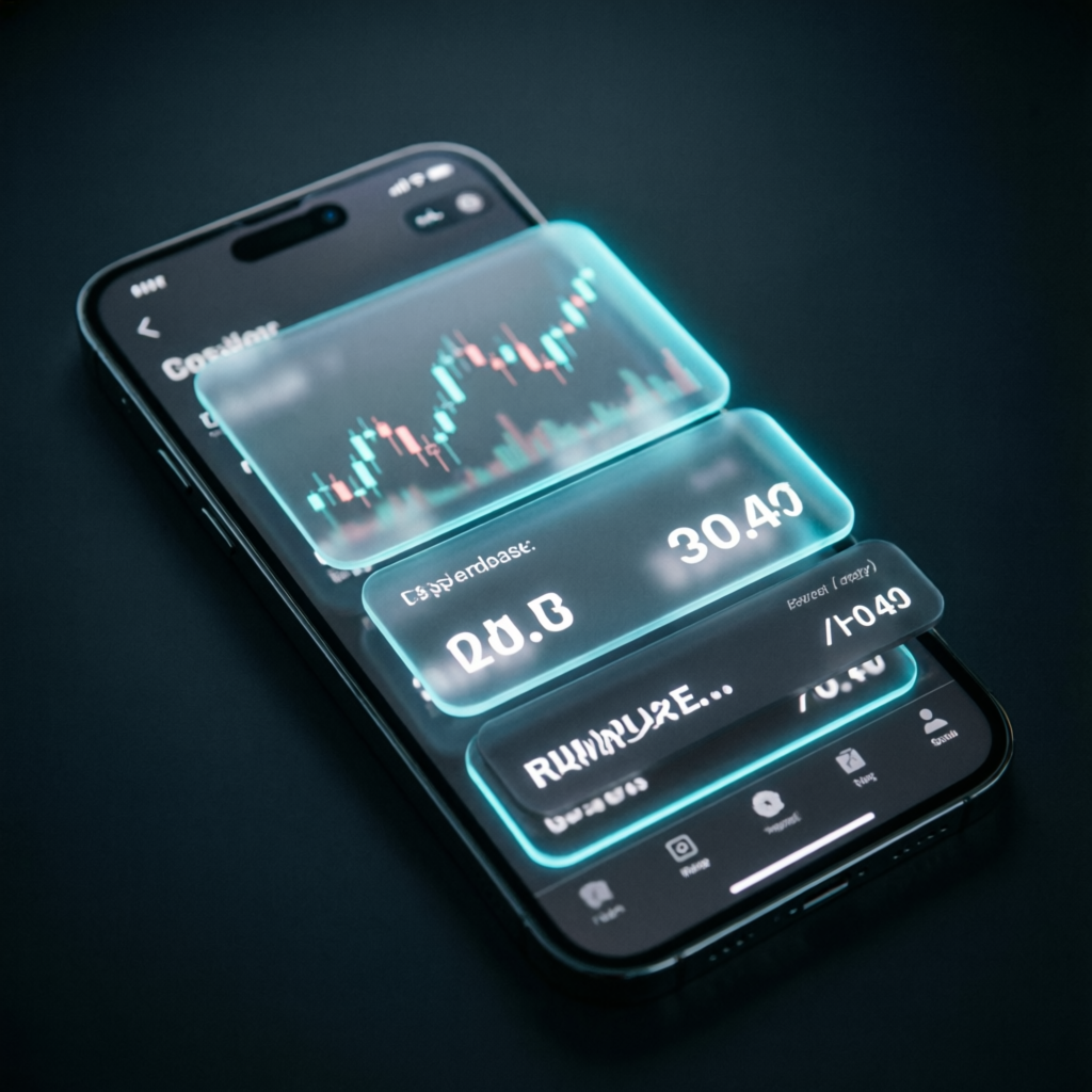 Mobile phone displaying trading app with glassmorphism UI