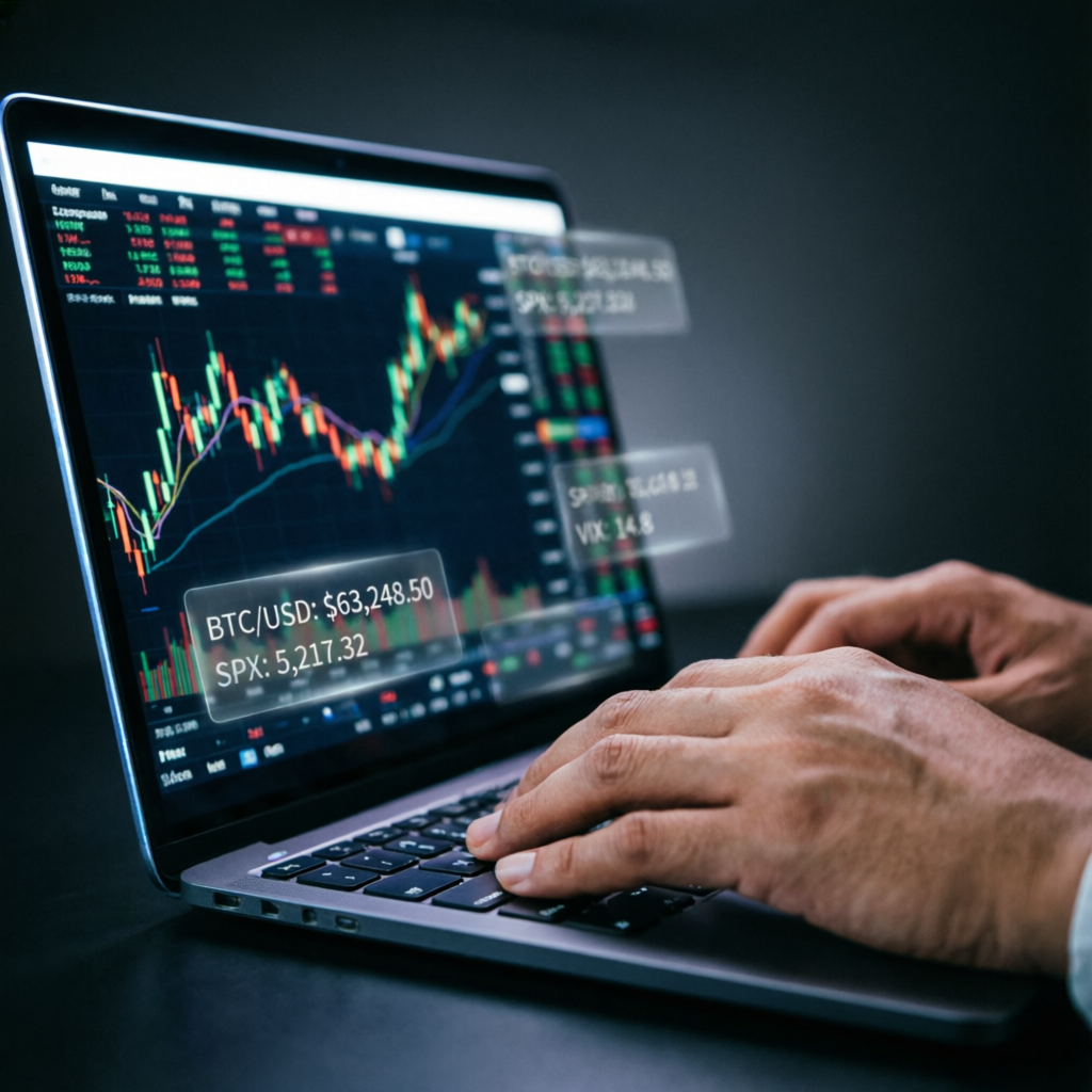 Professional trader hands on laptop with trading charts and glassmorphism overlays