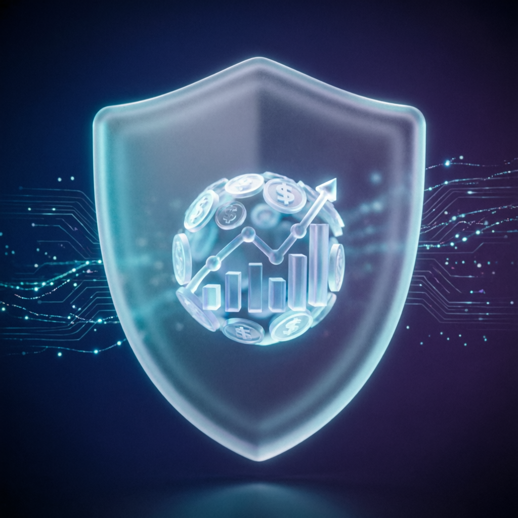 Risk management shield protecting portfolio with glassmorphism style
