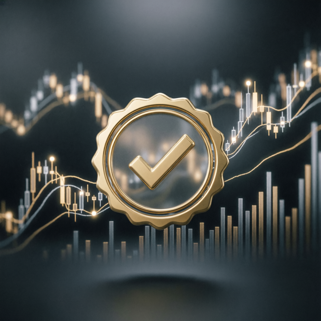 Golden verified badge with trading charts background representing trust and verification