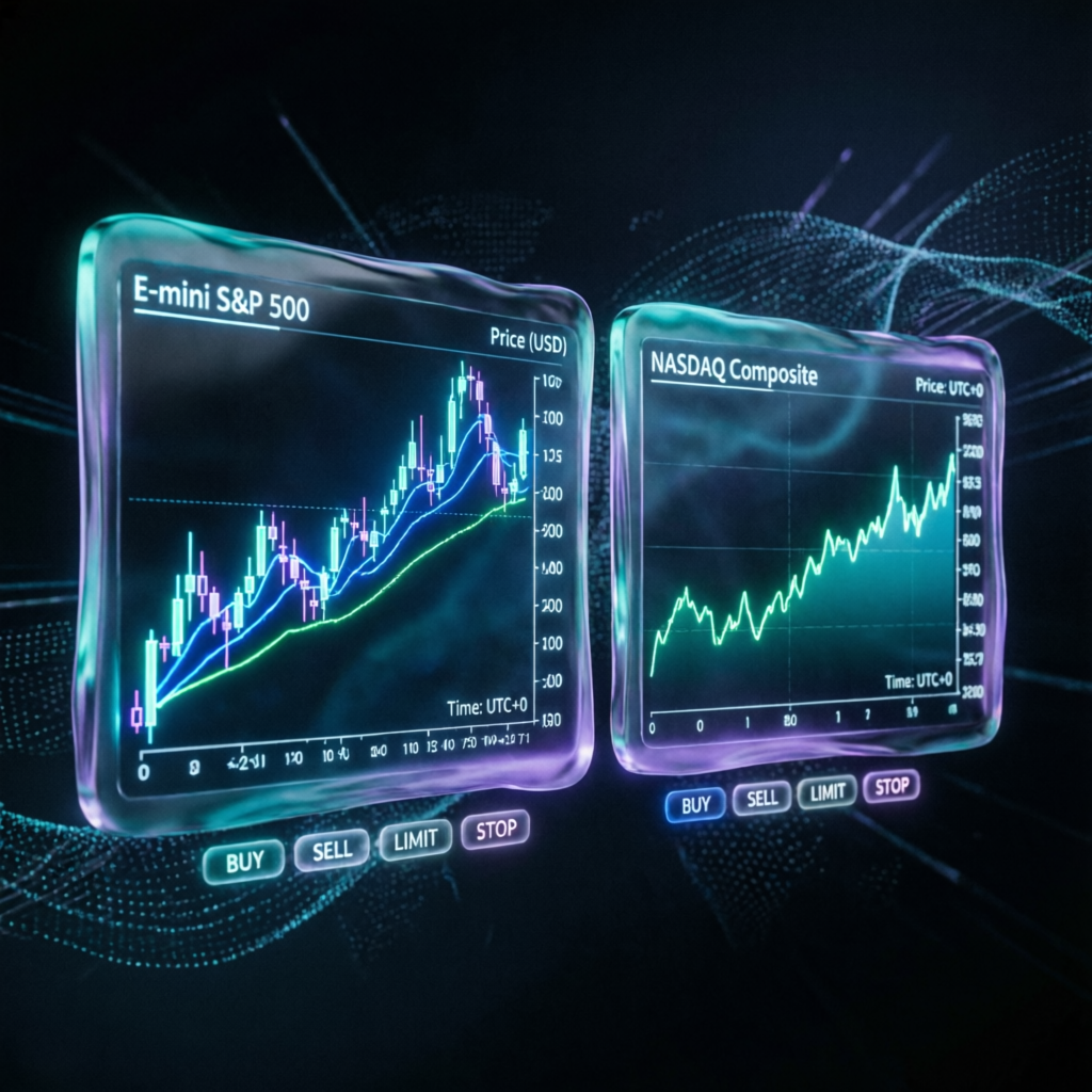 Futures trading concept with E-mini S&P 500 and NASDAQ charts