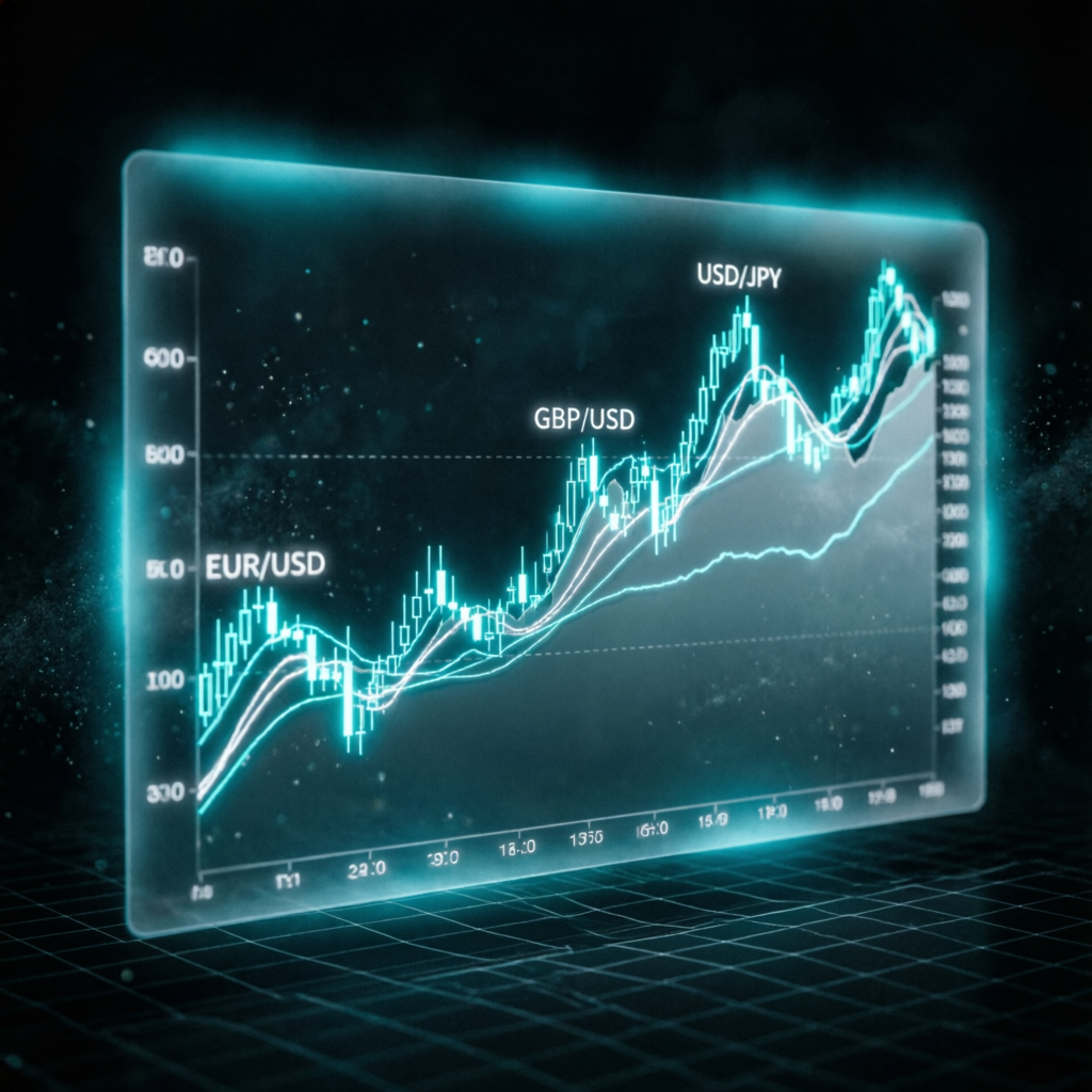 Futuristic forex currency pairs chart with EUR USD GBP JPY holographic display