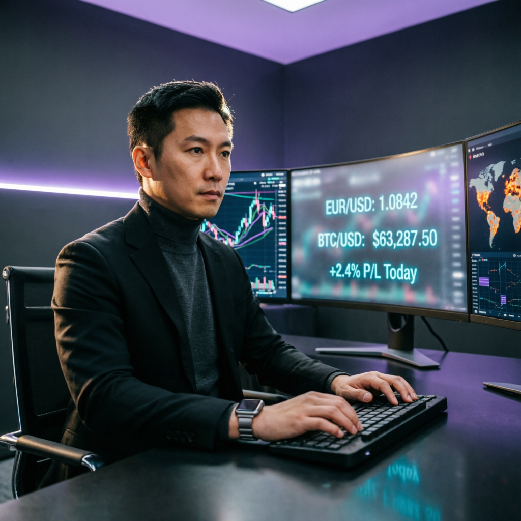 Professional forex trader working with multiple monitors showing trading charts