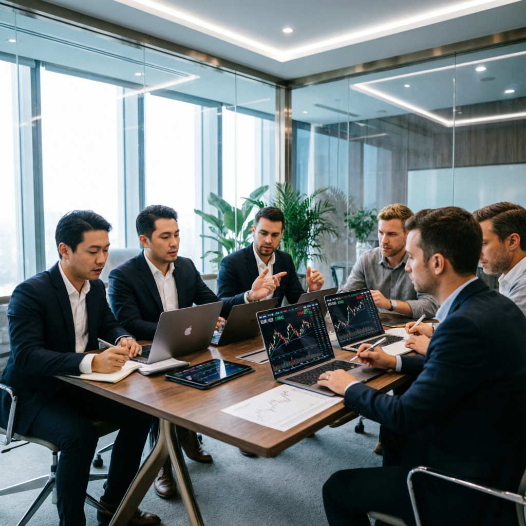 Professional team of forex analysts reviewing trading strategies in modern office