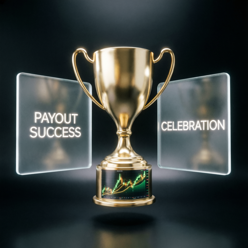 Golden trophy with payout success celebration concept and trading charts