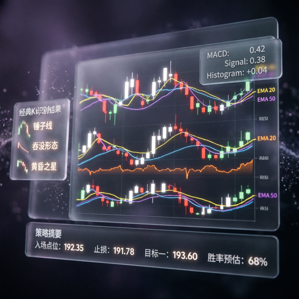 Trading strategy planning with technical analysis charts and candlestick patterns