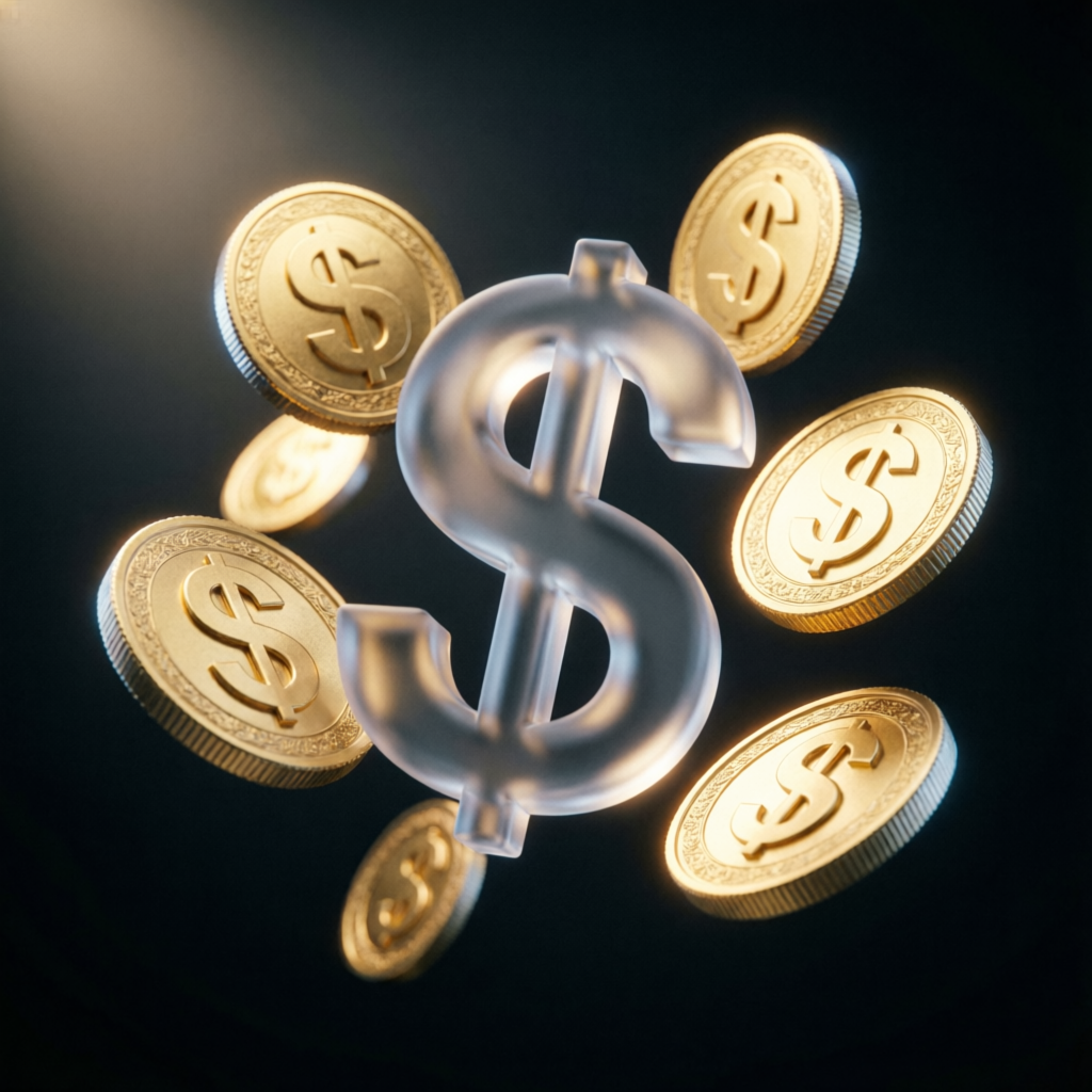 Abstract 3D golden coins and dollar signs with glassmorphism effect
