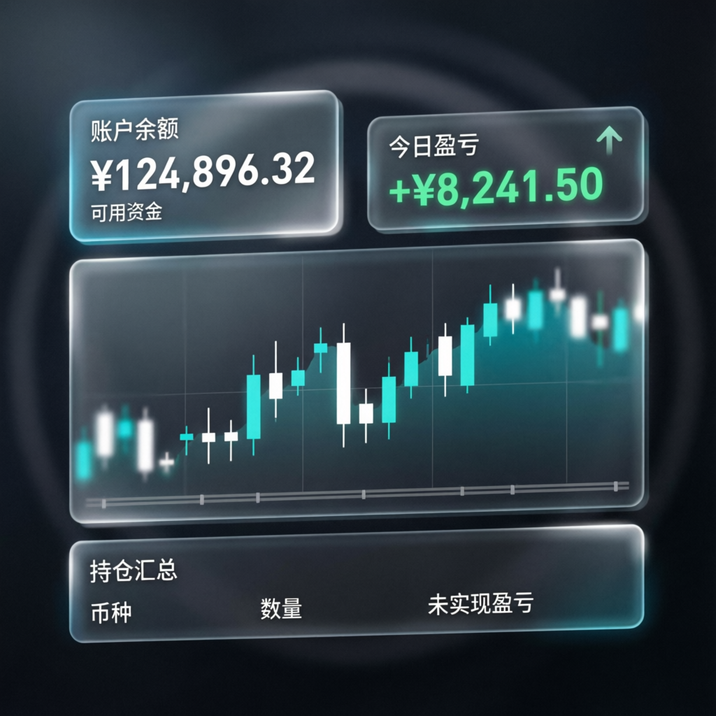 Modern trading dashboard UI mockup with glassmorphism panels and candlestick charts