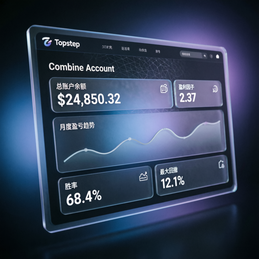 Topstep Combine Account dashboard mockup with glassmorphism UI