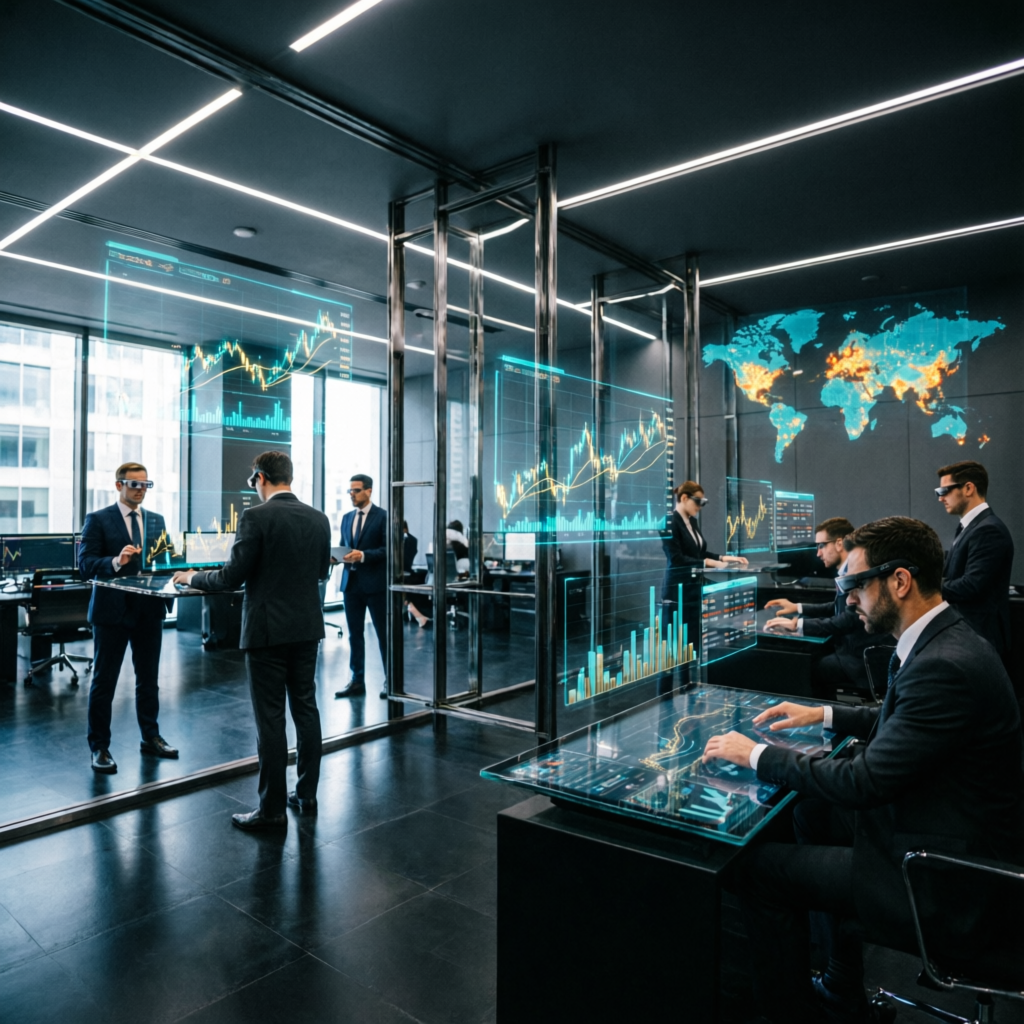 Futuristic prop firm trading floor with holographic charts and professional traders