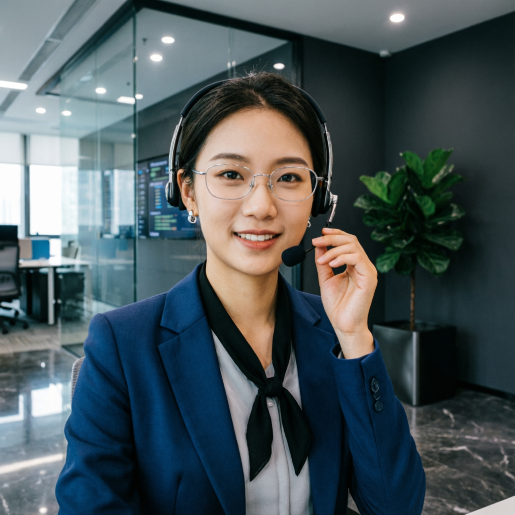 Customer support agent with headset in modern fintech office