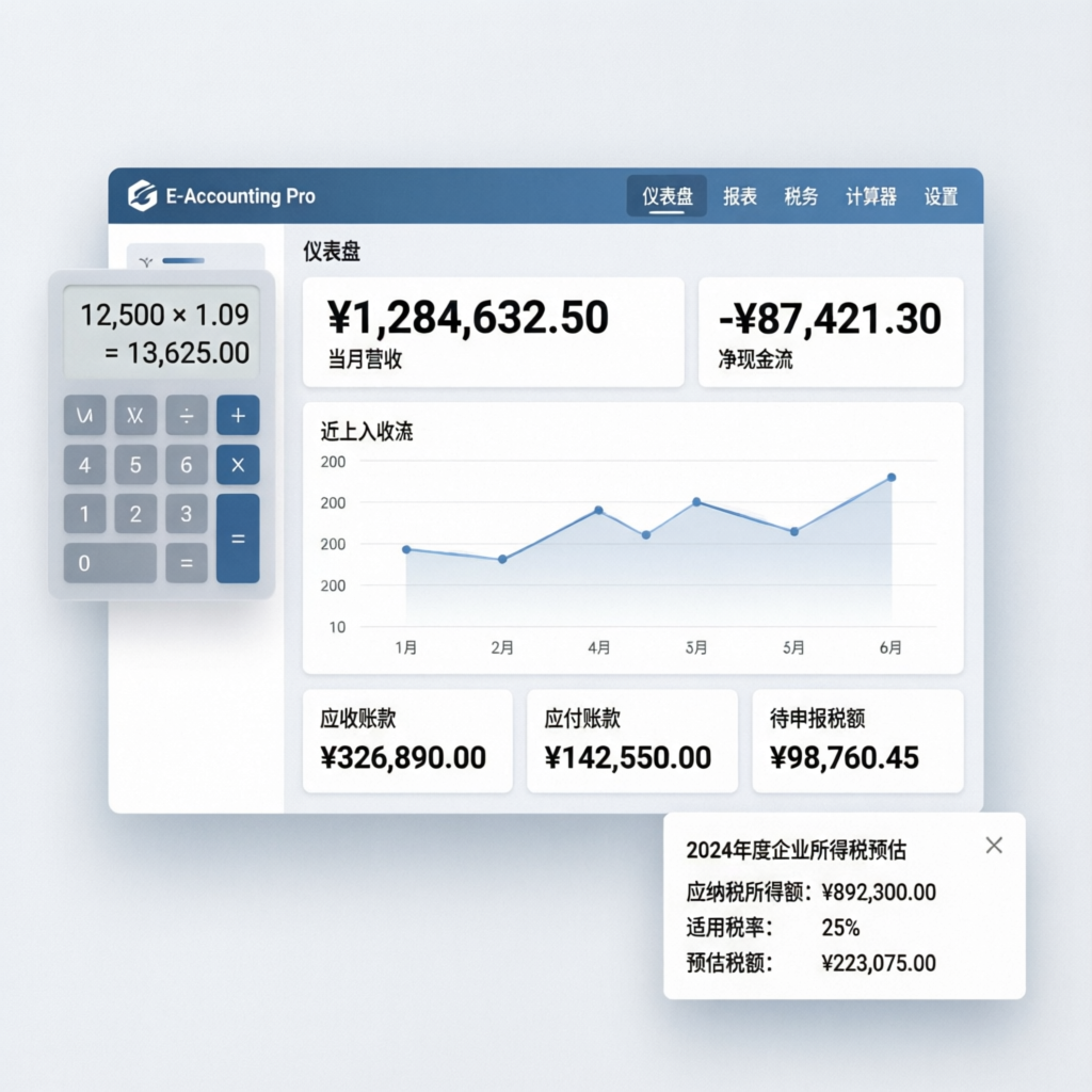 E-Accounting course with financial software dashboard and calculator