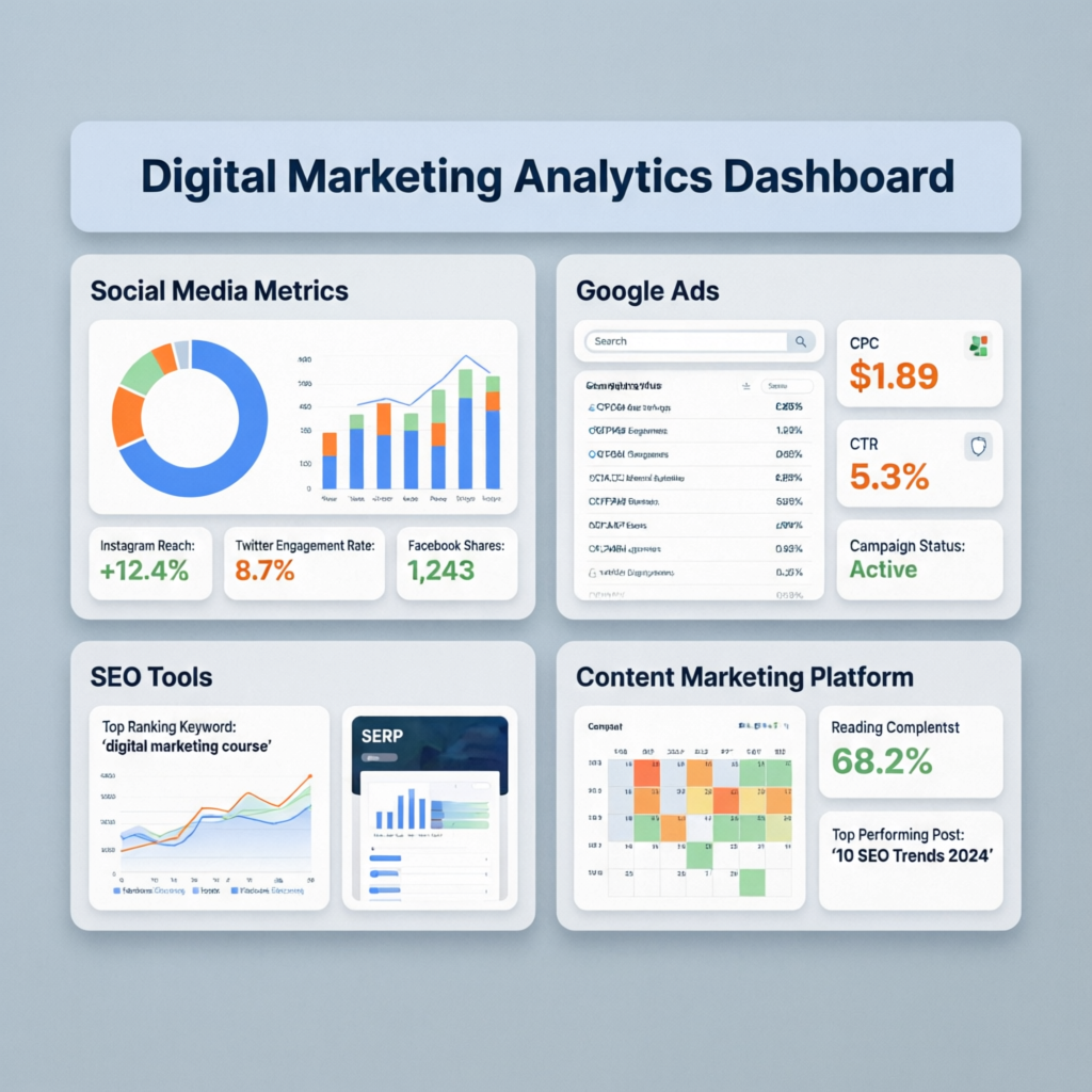 Digital Marketing course with analytics dashboard and social media tools