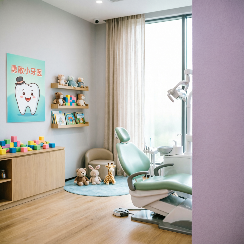 Дружелюбный детский стоматологический кабинет с игрушками и мягким освещением
