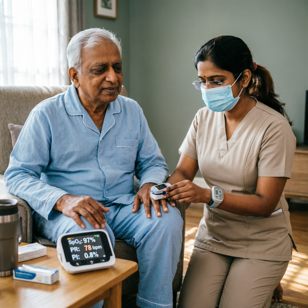 Nurse monitoring vitals with pulse oximeter at home