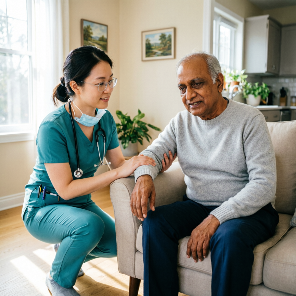 Nurse assisting elderly patient at home