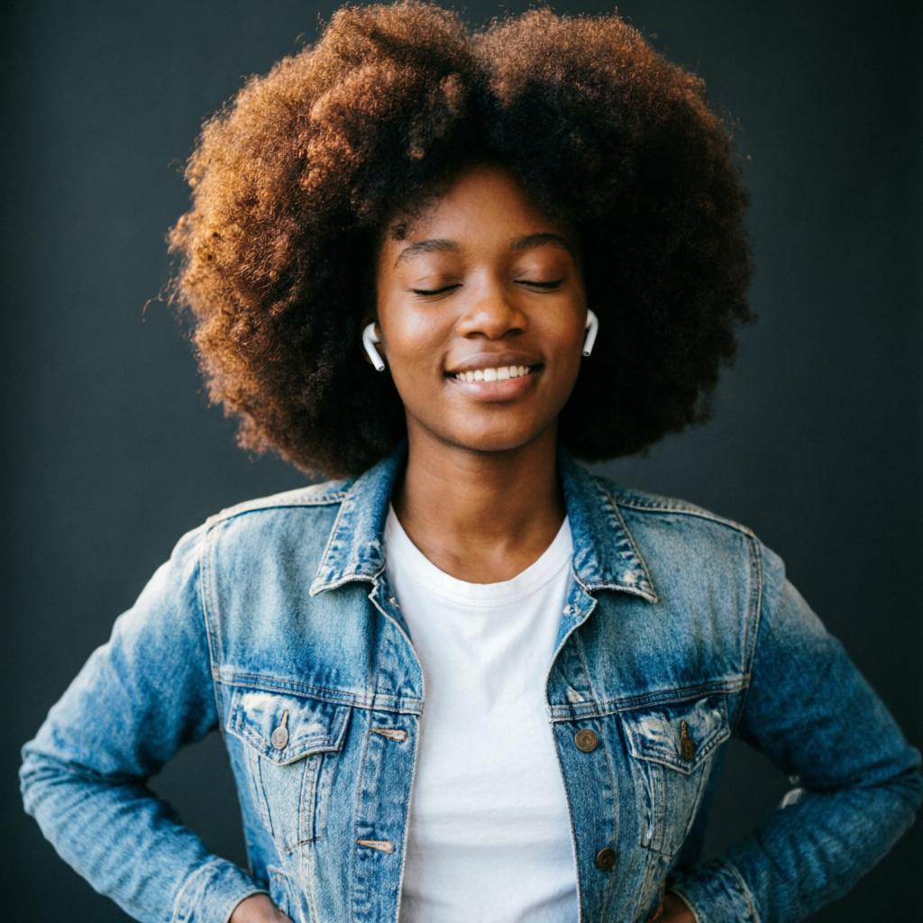 Young woman enjoying music with Nova Pro earbuds