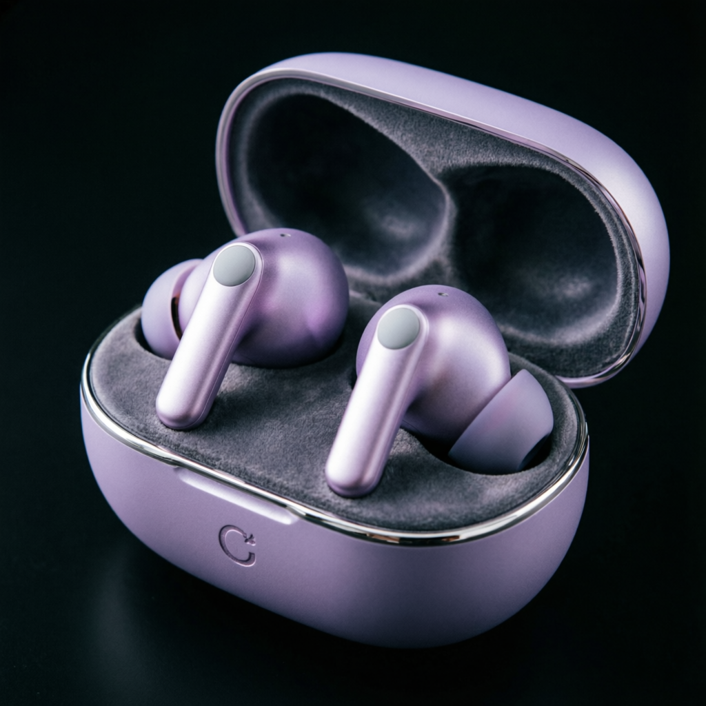 Nova Pro wireless earbuds in lavender case, open view