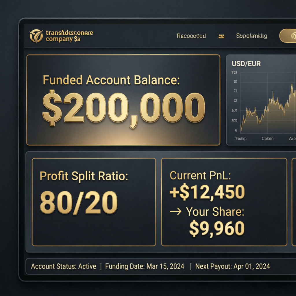 Funded account dashboard showing $200,000 balance with profit split calculations