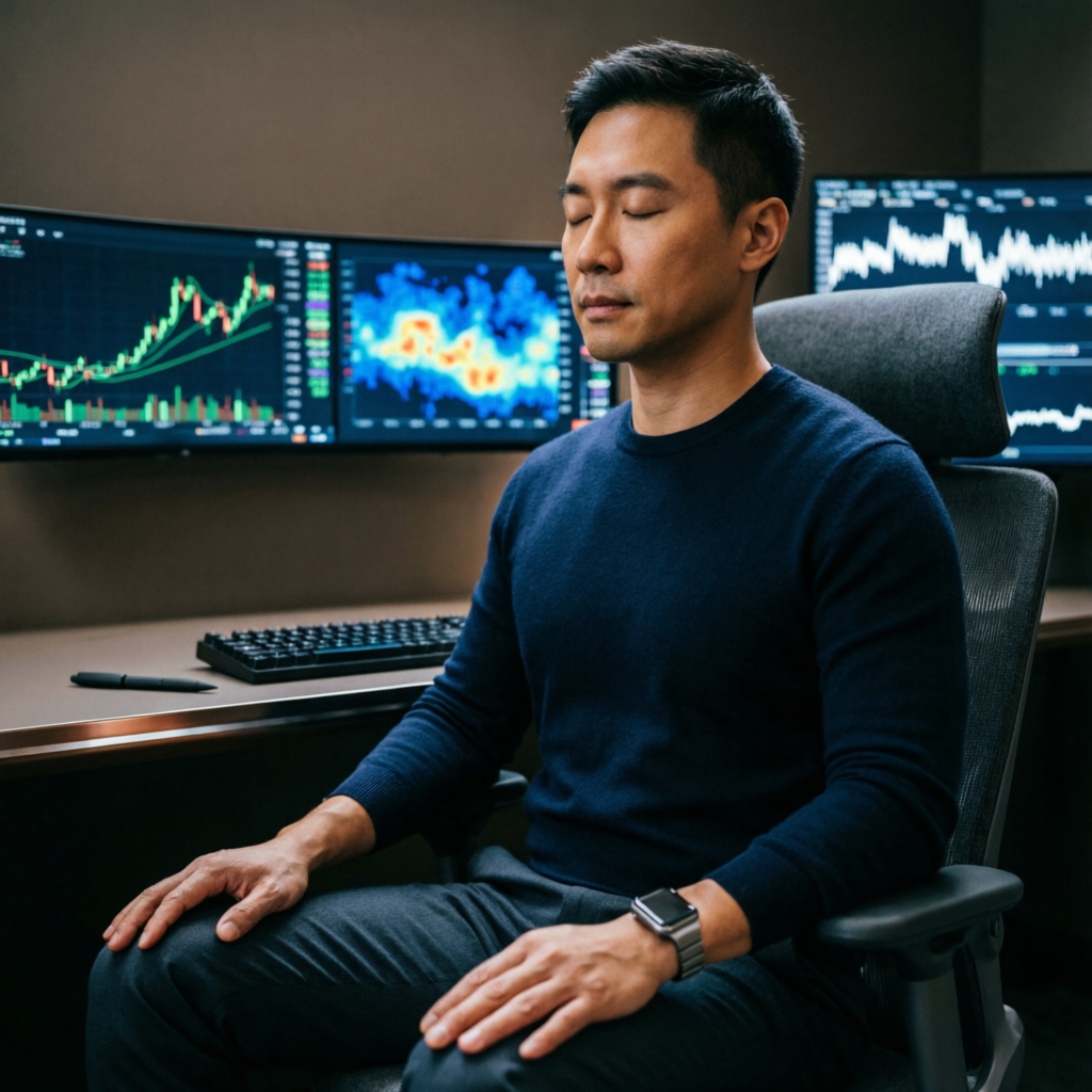Professional trader practicing meditation and discipline in front of multiple trading monitors
