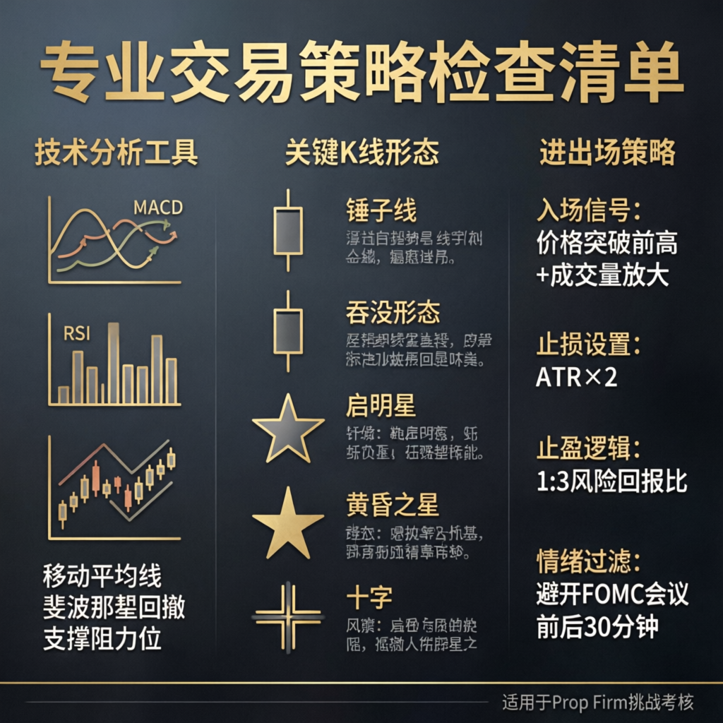 Professional trading strategy checklist showing technical analysis tools, candlestick patterns, and entry/exit strategies
