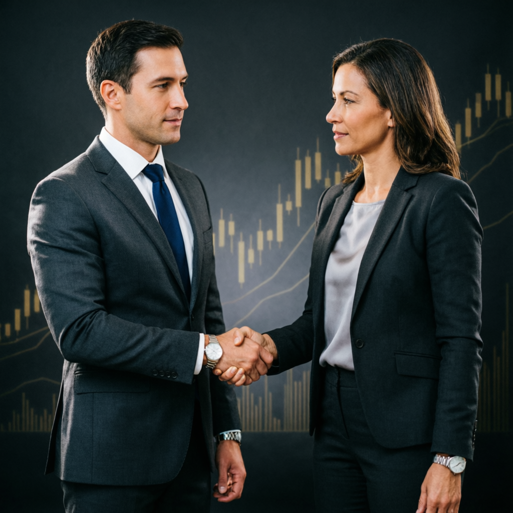 Professional business handshake between funded trader and PFM Capitals fund manager