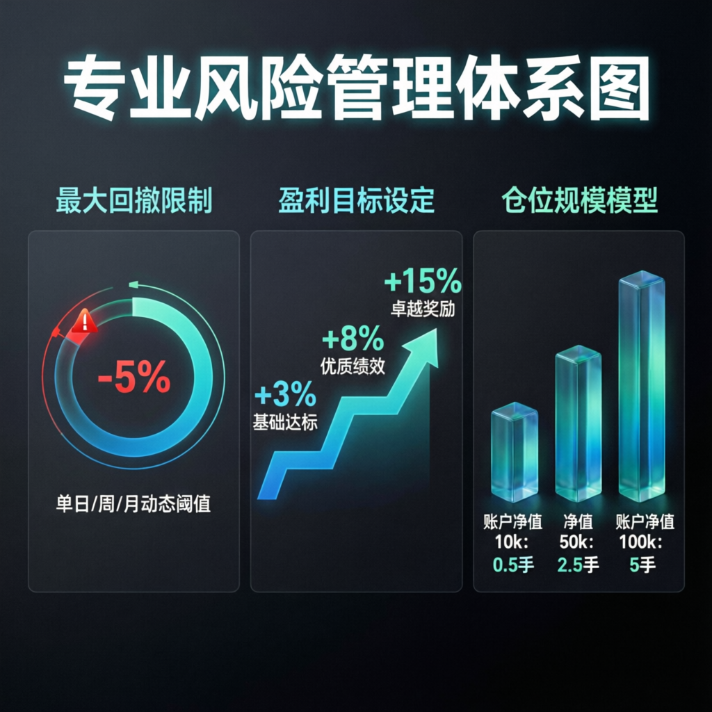 Professional risk management diagram showing drawdown limits, profit targets, and position sizing for prop firm trading