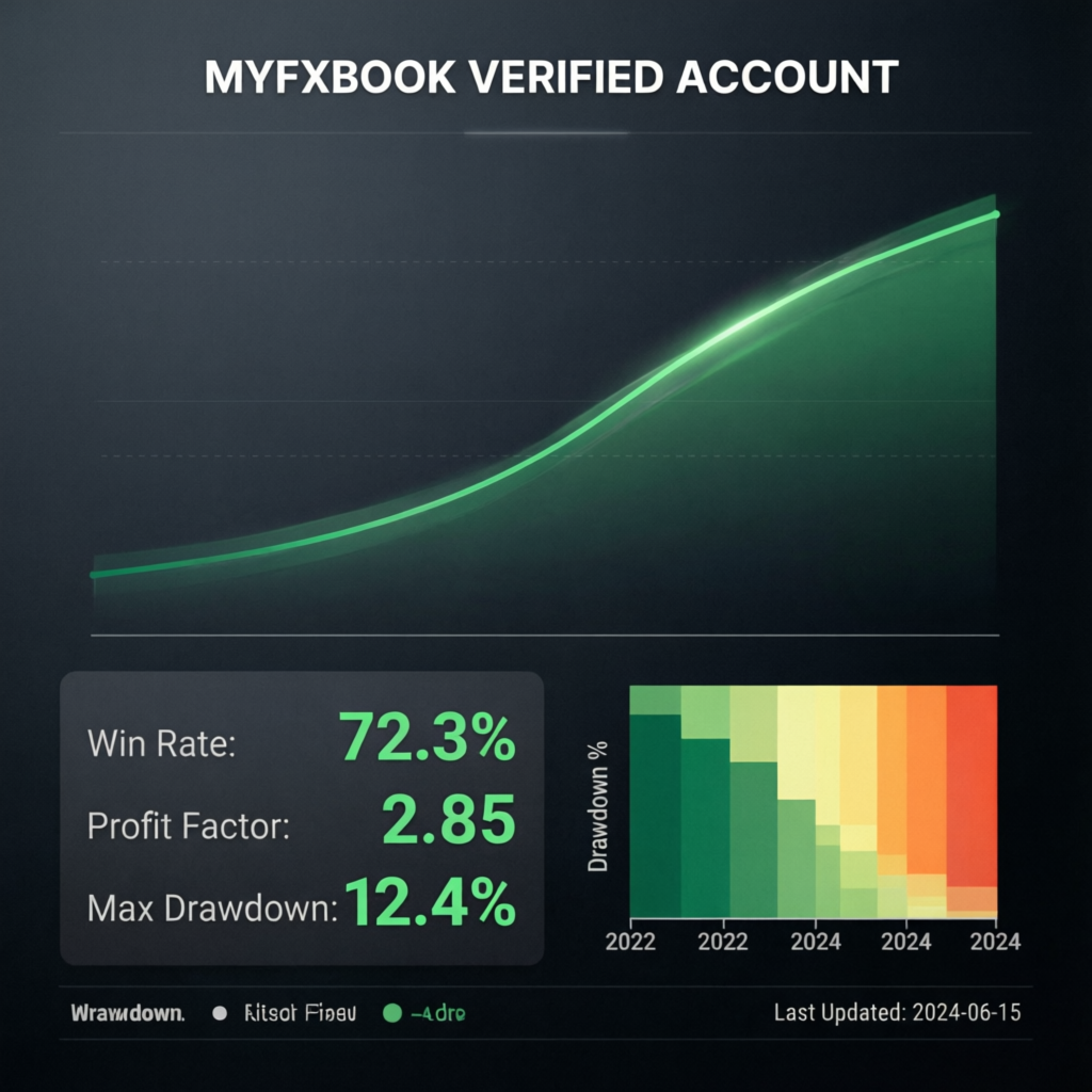 Myfxbook verified trading performance dashboard showing consistent profit curve and trading statistics