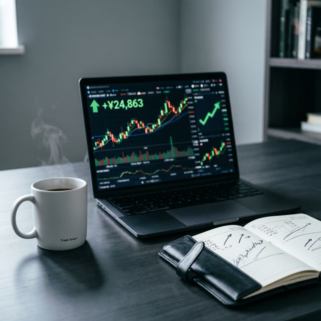 Professional funded trader workspace with laptop showing profitable trading dashboard and trading journal