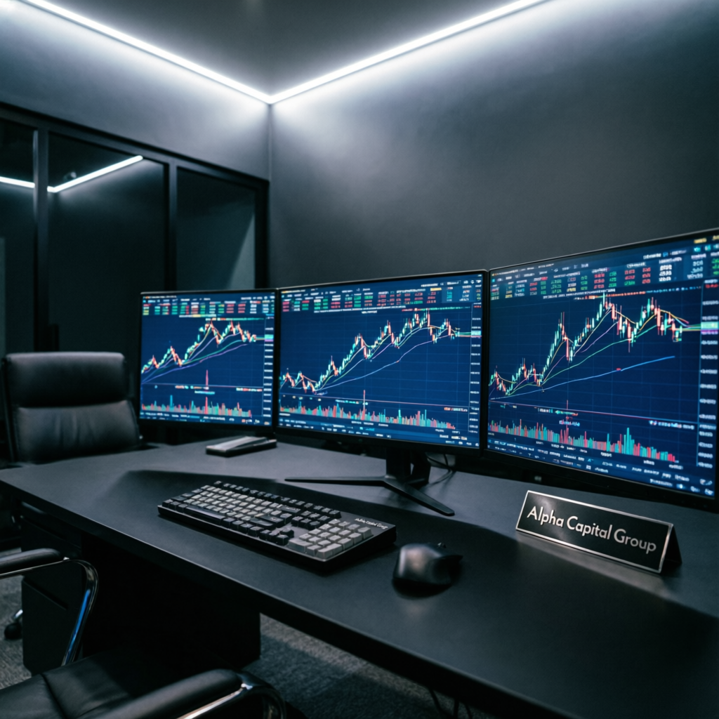 Professional Alpha Capital Group trading setup with multiple monitors showing forex charts and prop firm challenge dashboard