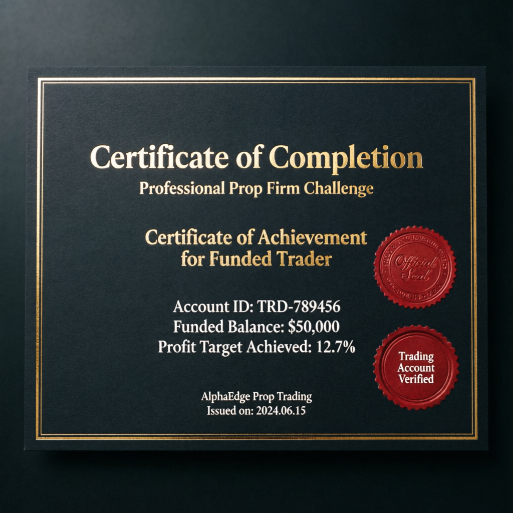 Professional prop firm challenge certificate of completion for funded trader