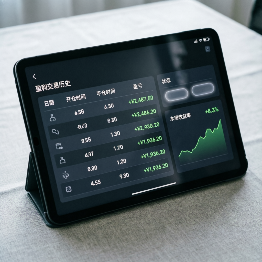 Tablet showing profitable trading history with green profit numbers and trading analytics dashboard