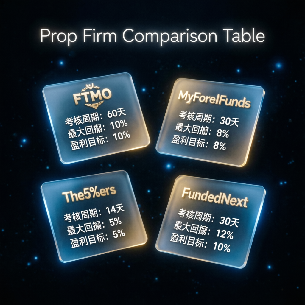 Prop firm comparison table showing different evaluation parameters
