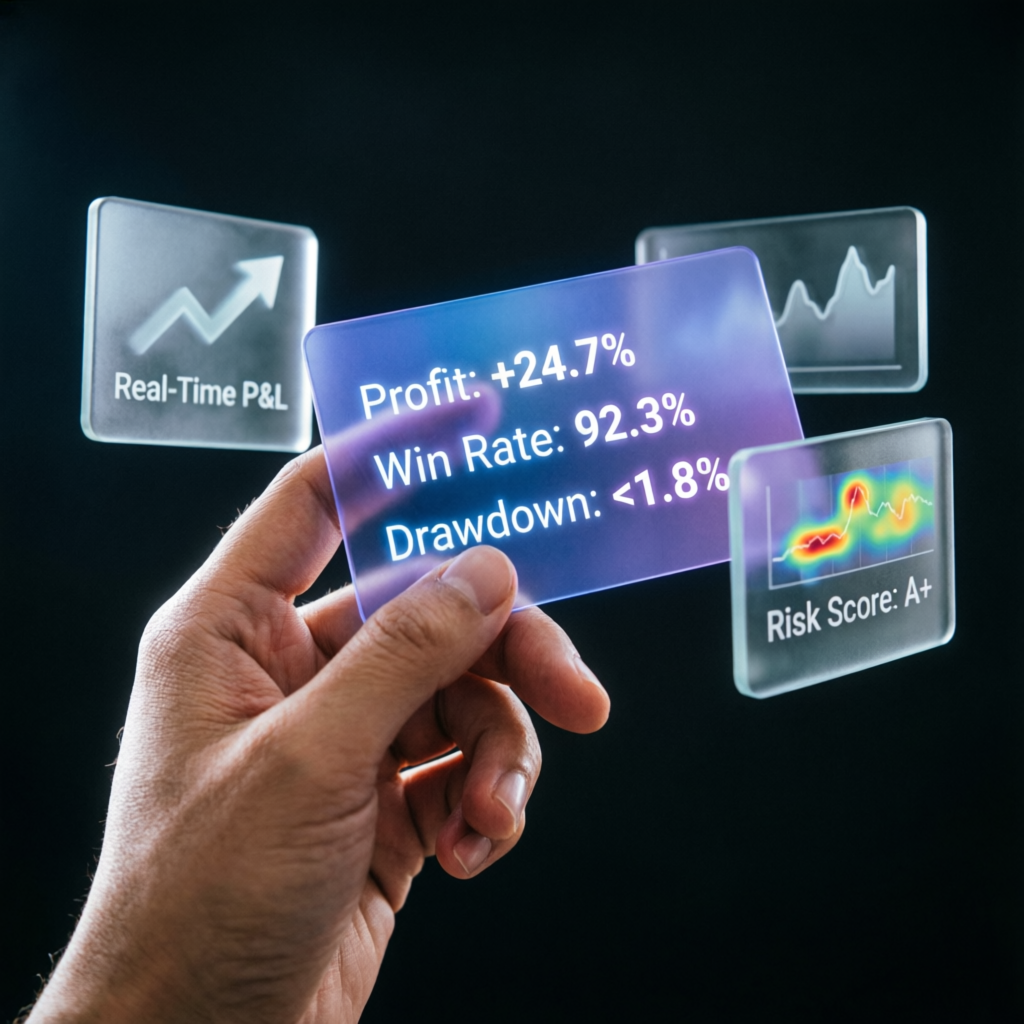 Hand holding trading account card with profit metrics