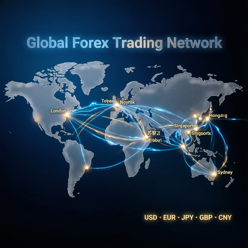 Global forex trading network connecting major financial centers