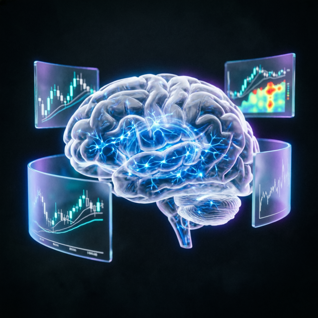 Trading psychology brain visualization with chart panels